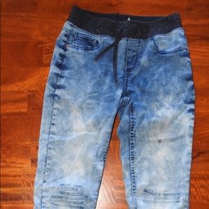 bleached patchwork denim with elastic waistband